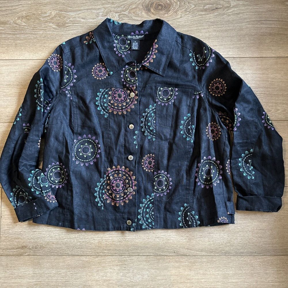 ALEXANDRA BARTLETT 100% Linen Black Embroidered Paisley Print‎ Jacket Size 1X